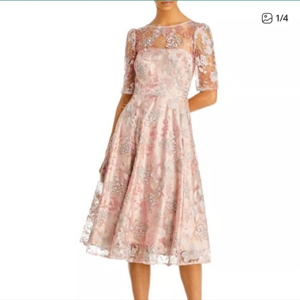 Eliza J Pink Embroidered Lace Overlay Fit & Flare Midi Dress Girly Glinda Spring
